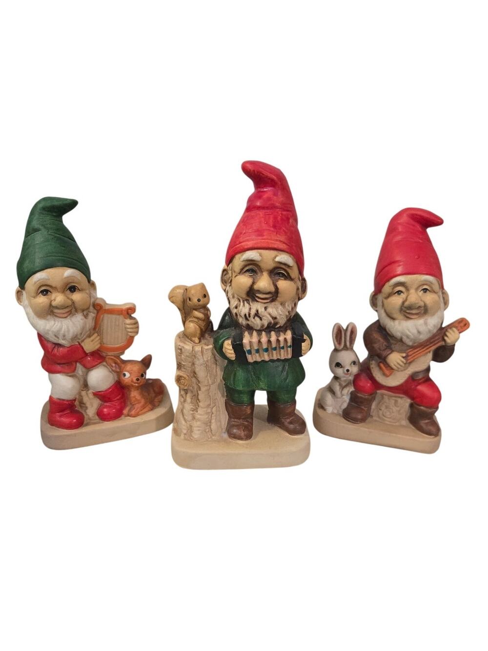 Vtg Set 3 Gnome Elf Ceramic Figures Homco 1970 Red Green